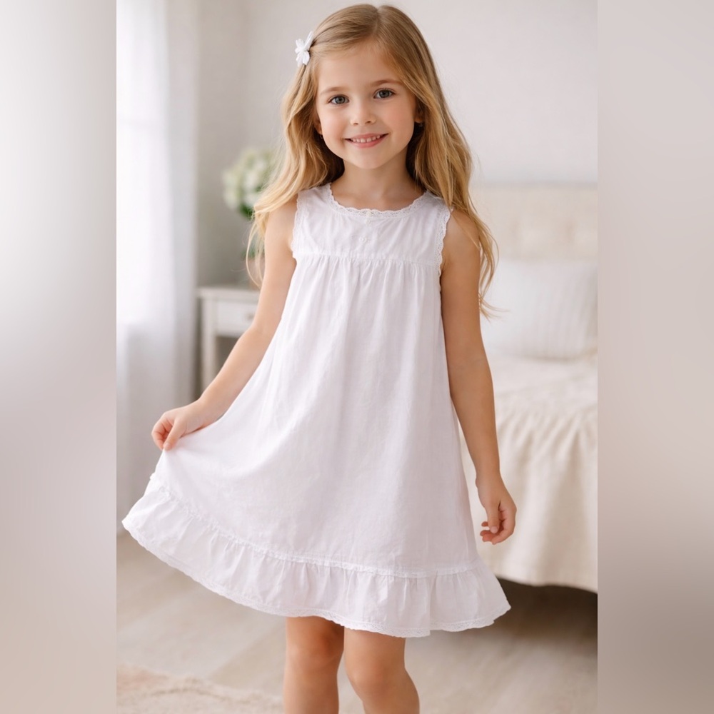 Sweet Potatoes Girls White Cotton Dress Size 5 Sleeveless Lace Trim Button Back